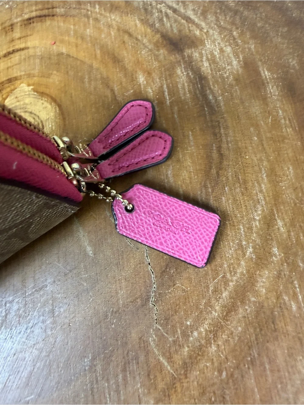 Coach Khaki & Pink Signature Double Zip Phone Wallet Wristlet